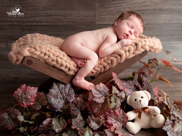 bebe durmiendo en una silla plegable de madera, con decoraciones otoñales