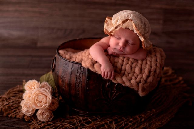 bebe con gorro de tela fina, durmiendo dentro de una olla de madera